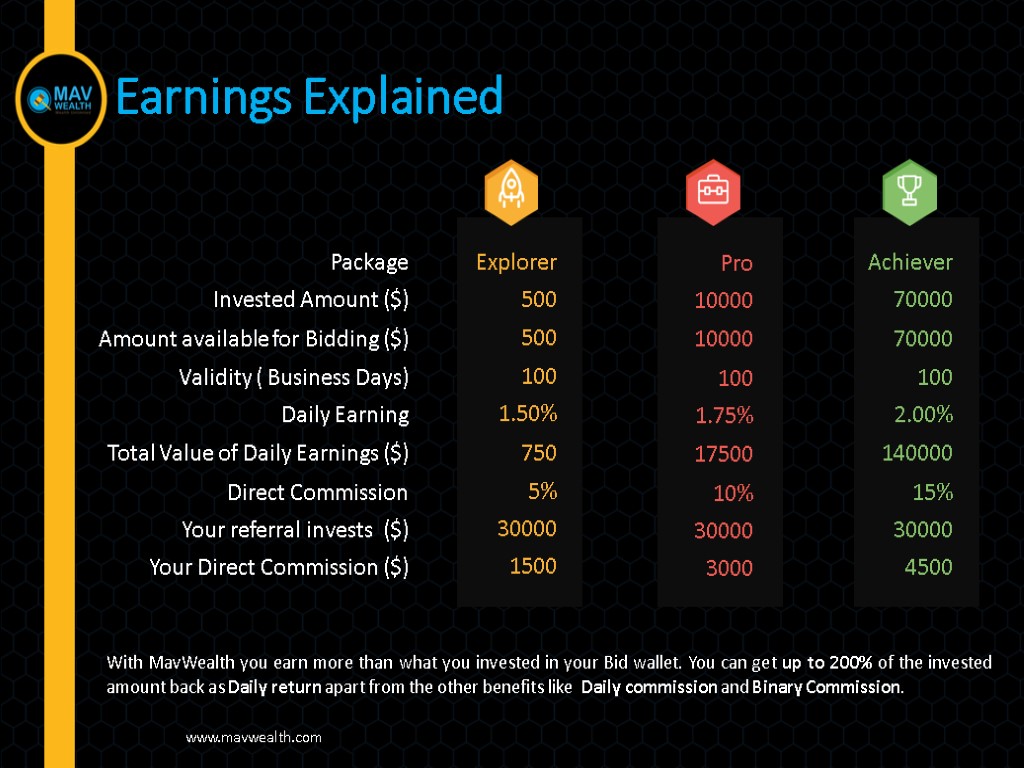 Earnings Explained With MavWealth you earn more than what you invested in your Bid